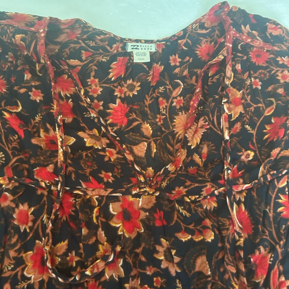 Billabong hearts desire slowly long sleeve mini dress black brown red floral - Picture 7 of 11